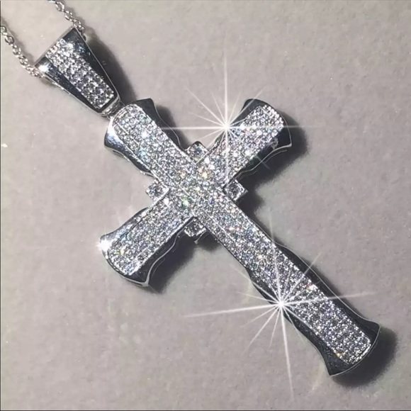 New Luxury 925 Silver Cross Men Women Diamond Necklace - Picture 11 of 16